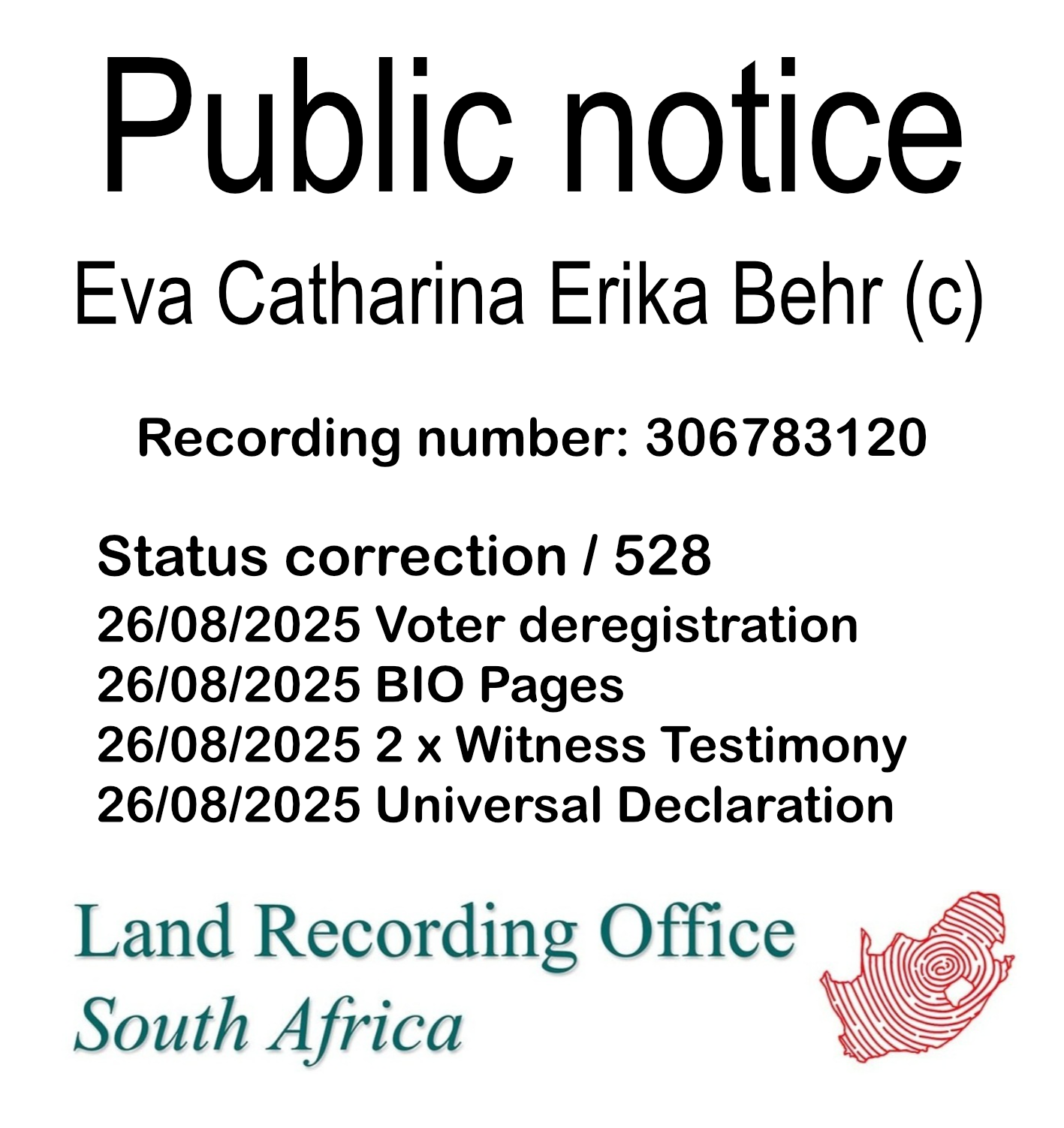 Public notice Eva Catharina Erika Behr Recording number 306783120